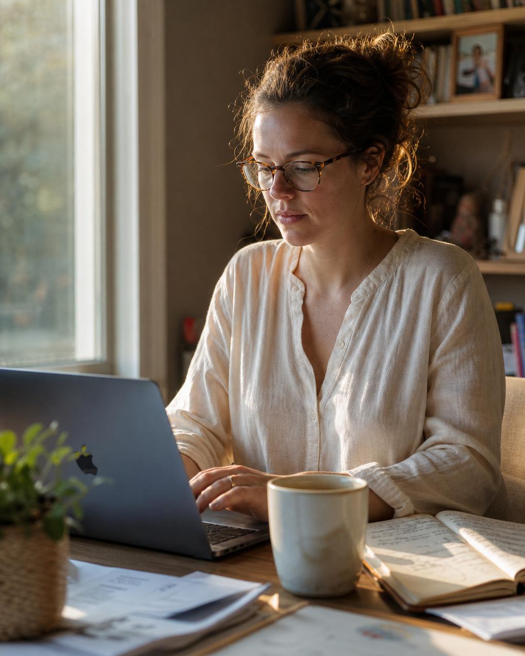 US-based virtual assistant working from a sunlit home office desk with a laptop and coffee mug